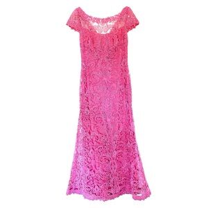 $458 Tadashi Shoji Lace + Corded Embroidery Evening Gown 4 Pink Boat Neck NWT